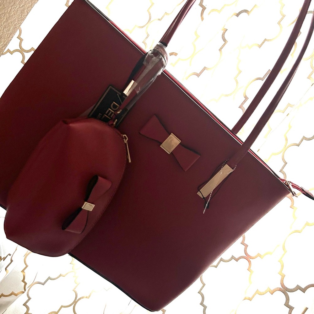 Totes Burgundy Bow Tote Bag Set